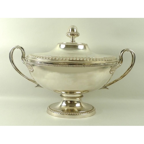 720 - A French silver plate on copper soup tureen, cover and liner, 19th century, of footed ovoid form, wi... 