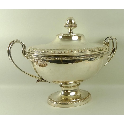 720 - A French silver plate on copper soup tureen, cover and liner, 19th century, of footed ovoid form, wi... 