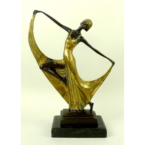 724 - A brass figure, mid 20th century, modelled as an Art Deco lady, with arms outstretched fanning her d... 