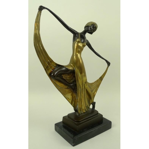 724 - A brass figure, mid 20th century, modelled as an Art Deco lady, with arms outstretched fanning her d... 