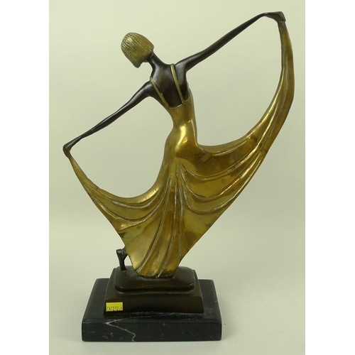 724 - A brass figure, mid 20th century, modelled as an Art Deco lady, with arms outstretched fanning her d... 