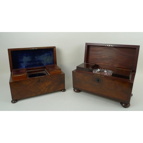 735 - A 19th century mahogany tea caddy of sarcophagus form raised on bun feet, with fitted interior inclu... 