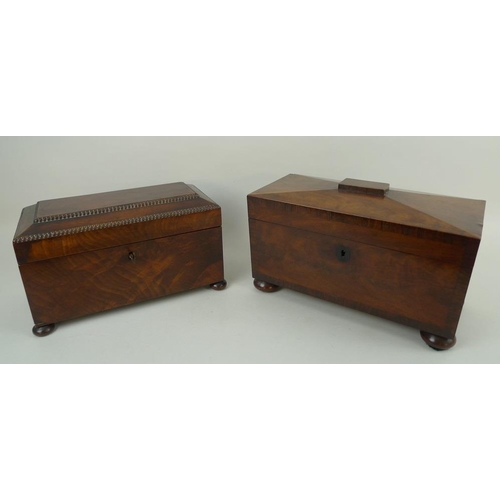 735 - A 19th century mahogany tea caddy of sarcophagus form raised on bun feet, with fitted interior inclu... 