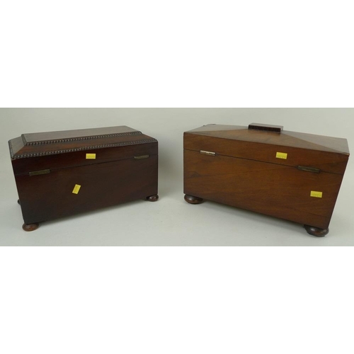 735 - A 19th century mahogany tea caddy of sarcophagus form raised on bun feet, with fitted interior inclu... 