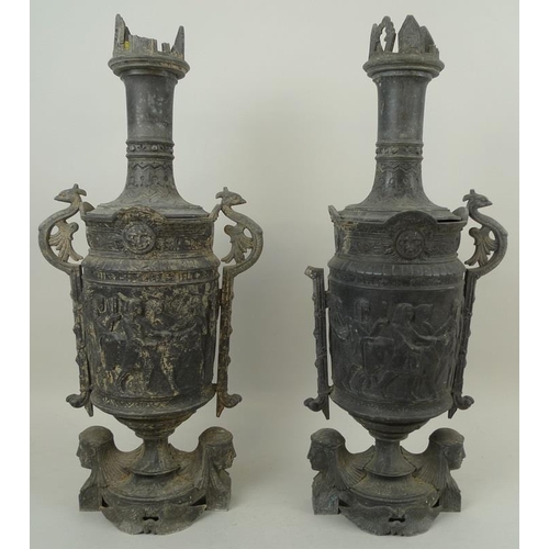 740 - A pair of cast metal urns and covers, circa 1930, possibly incense burners, with funnelled lids and ... 