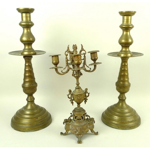 742 - A pair of 19th century brass single sconce church candlesticks, the bodies with inversely scalloped ... 