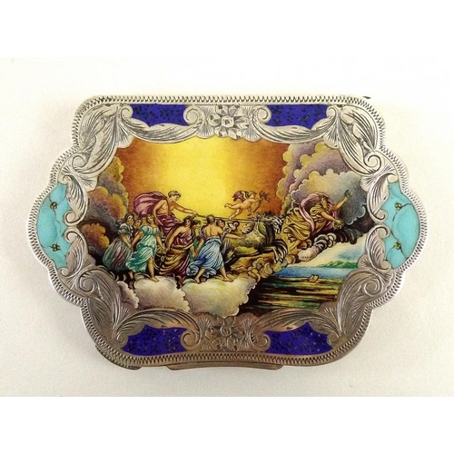 749 - A Russian 800 silver enamel compact depicting Aurora, Apollo Driving his Chariot Preceded by Dawn by... 