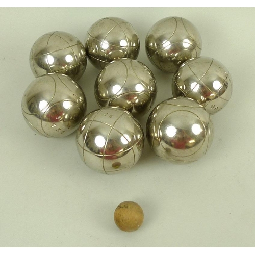 762 - A full set of eight metal petanque boules balls, marked JB for Jean Blanc, and weight marks, mid 20t... 