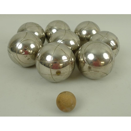 762 - A full set of eight metal petanque boules balls, marked JB for Jean Blanc, and weight marks, mid 20t... 