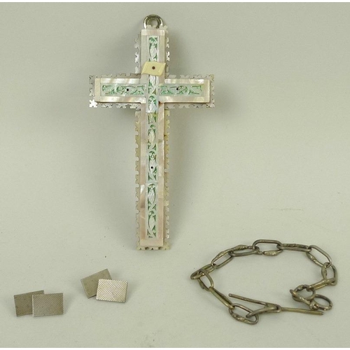 763 - An Italian mother of pearl and olive wood cross, pierced with green foil backing, 13cm, together wit... 