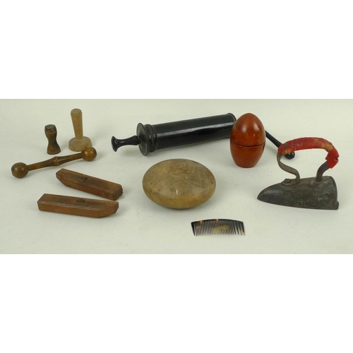 764 - A selection of items including a small tortoiseshell comb, a butter pat mould, reputedly used at Wan... 