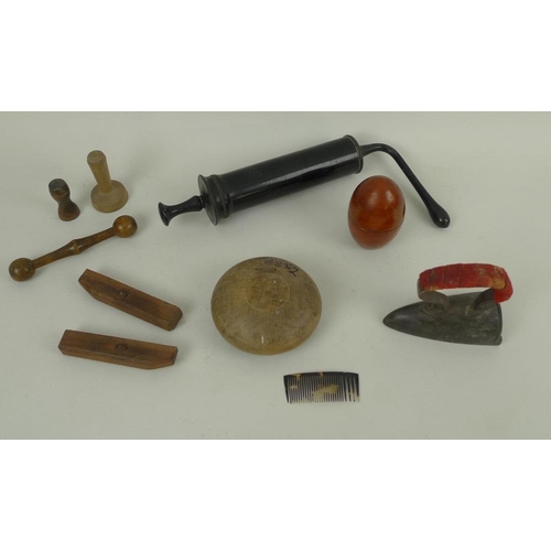 764 - A selection of items including a small tortoiseshell comb, a butter pat mould, reputedly used at Wan... 