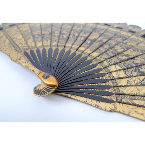 773 - A Chinese Export lacquer fan, 19th century, comprising nineteen sticks and two guards, the whole dec... 