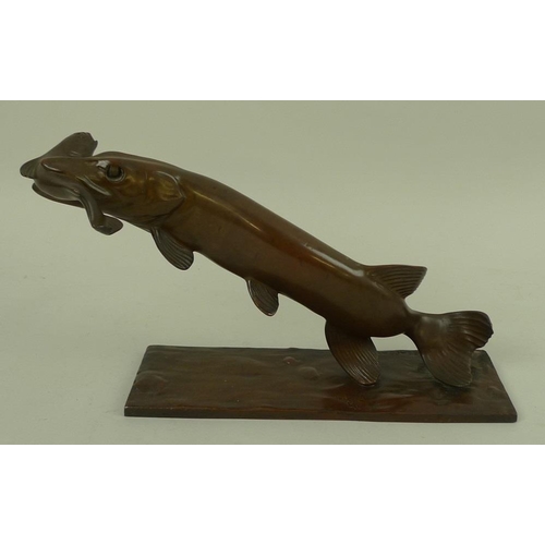 776 - A patinated bronze sculpture of a pike with prey tench, early 20th century, naturalistically modelle... 