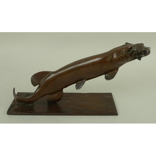 776 - A patinated bronze sculpture of a pike with prey tench, early 20th century, naturalistically modelle... 