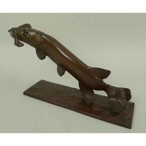 776 - A patinated bronze sculpture of a pike with prey tench, early 20th century, naturalistically modelle... 