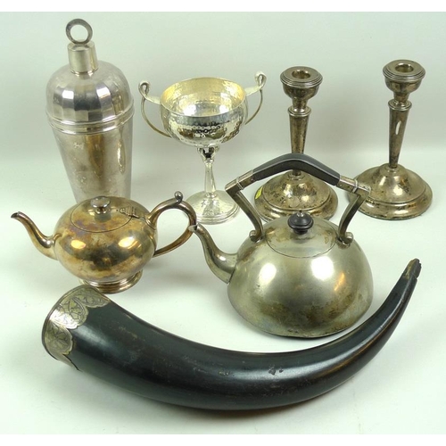 781 - A silver metal niello mounted horn, 41cm, together with a group of silver plated items, a cocktail s... 