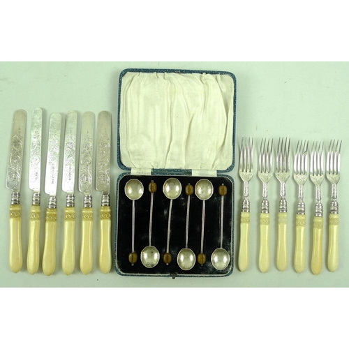 787 - A set of six fruit knives and forks with ivory handles, the blades foliate engraved, Birmingham 1876... 