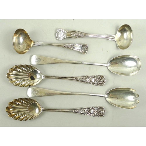 788 - A collection of Edwardian silver utensils to include a a pair of salad servers, the handles engraved... 