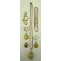 A 9ct gold chain, 9ct gold and enamel medals, a ladies' gold 1930's wristwatch, 9 ct gold band and a... 