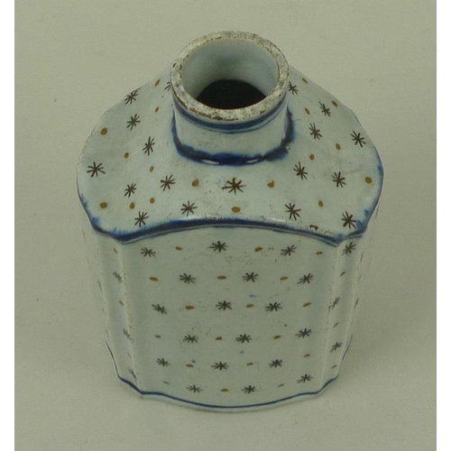 504 - A Leeds pottery tea caddy, circa 1780, decorated in underglaze blue with line detail and overpainted... 