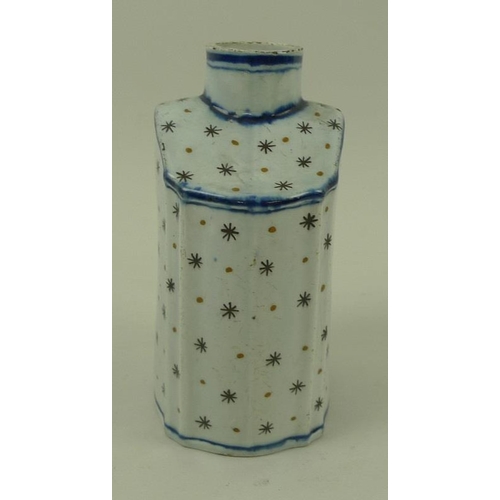 504 - A Leeds pottery tea caddy, circa 1780, decorated in underglaze blue with line detail and overpainted... 