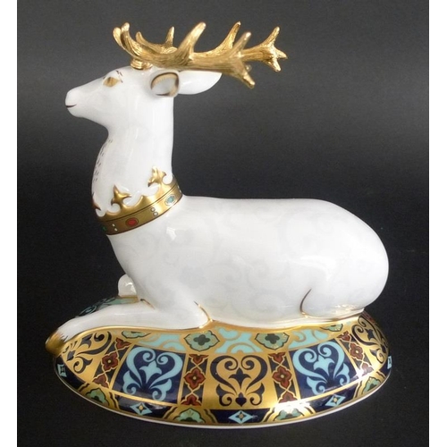 529 - A Royal Crown Derby paperweight, The White Hart, printed mark, gold stopper, limited edition 894/200... 