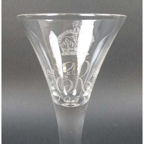 546 - A Whitefriars commemorative wine glass, for the coronation of Elizabeth II, 2nd June 1953, engraved ... 