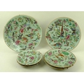 A set of six Chinese celadon plates, all painted with birds and butterflies amongst flowers, various... 