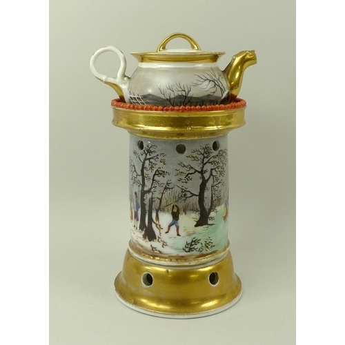 559 - A Continental porcelain Veilleuse, 19th century, possibly Paris, the chimney painted with skating sc... 