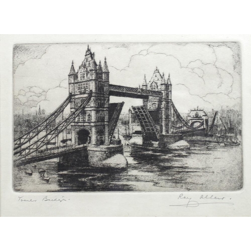 575 - Ray Allen: St Paul's Cathedral and Tower Bridge, 20th century, a pair of etchings, 12 by 17cm, frame... 