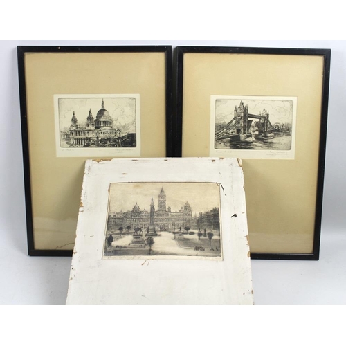 575 - Ray Allen: St Paul's Cathedral and Tower Bridge, 20th century, a pair of etchings, 12 by 17cm, frame... 