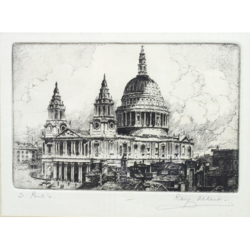 575 - Ray Allen: St Paul's Cathedral and Tower Bridge, 20th century, a pair of etchings, 12 by 17cm, frame... 