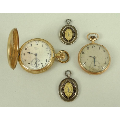 810 - A 9ct gold cased Swiss pocket watch, open faced, key wind, silvered dial with black Arabic numerals,... 