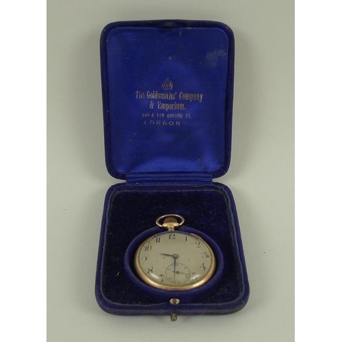 810 - A 9ct gold cased Swiss pocket watch, open faced, key wind, silvered dial with black Arabic numerals,... 