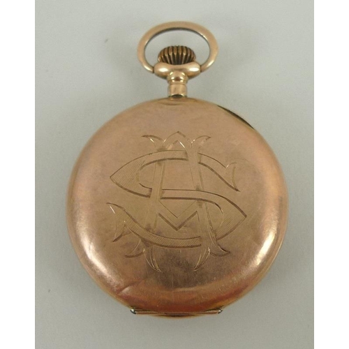 810 - A 9ct gold cased Swiss pocket watch, open faced, key wind, silvered dial with black Arabic numerals,... 