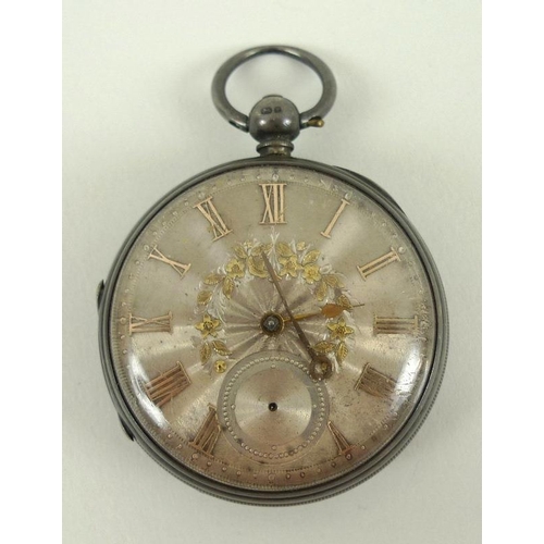 817 - A Victorian silver open faced pocket watch, key wind, the silvered engraved face with applied Roman ... 