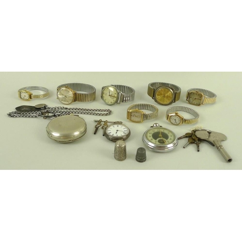 829 - A collection of watches and pocket watches, comprising a late Victorian silver pocket watch, engine ... 