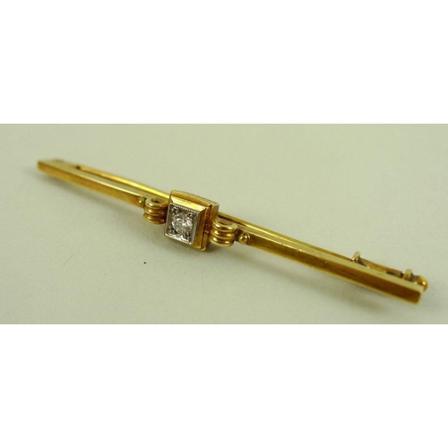 835 - A 14ct gold and diamond bar brooch, early 20th century, with scroll setting to a square set with cen... 