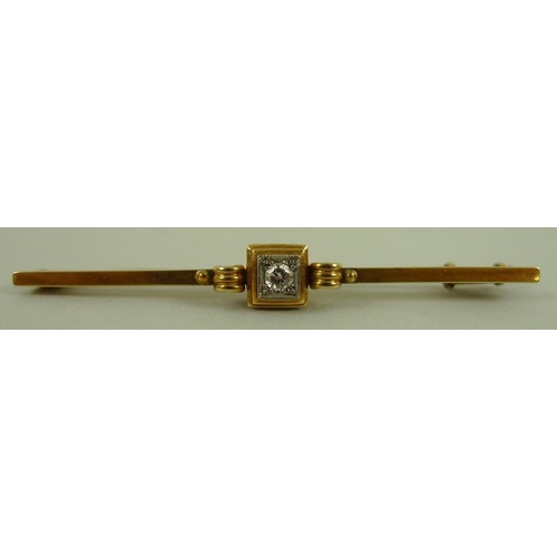 835 - A 14ct gold and diamond bar brooch, early 20th century, with scroll setting to a square set with cen... 