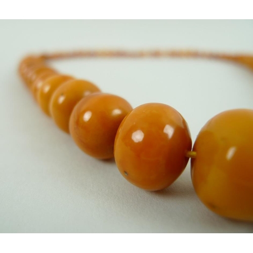 837 - A vintage butterscotch amber bead necklace, 66cm long, beads graduating from 0.6 to 1.8cm, 66.6g.