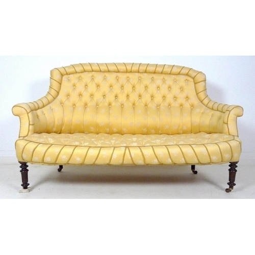 925 - A 19th century three seater settee, possibly French, arched and shaped back and bowed front, upholst... 