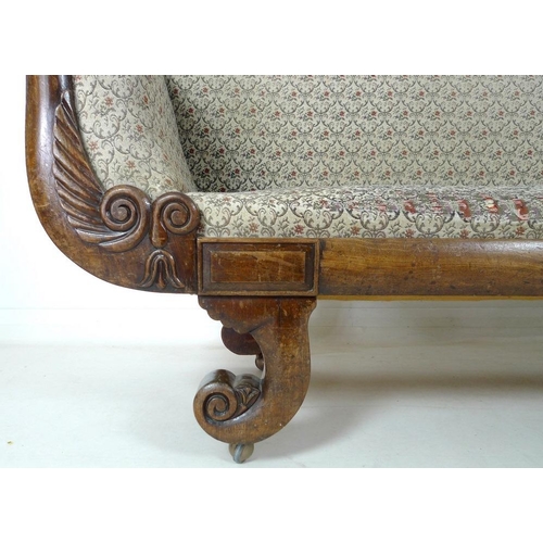 928 - A Regency mahogany scroll end settee, with carved and shaped back, foliate carvings to the front of ... 