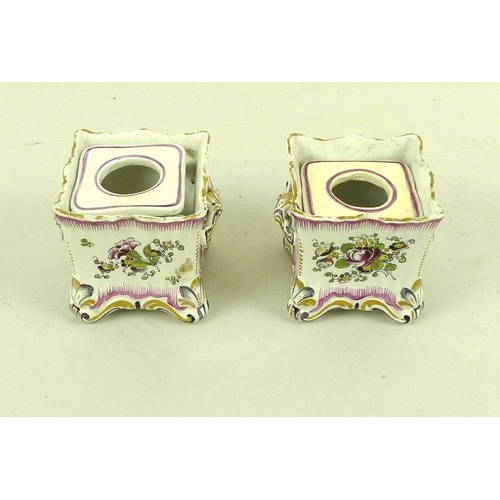 562 - A pair of French faience Veuve Perrin porcelain candle holders, late 18th century, of cubic form wit... 