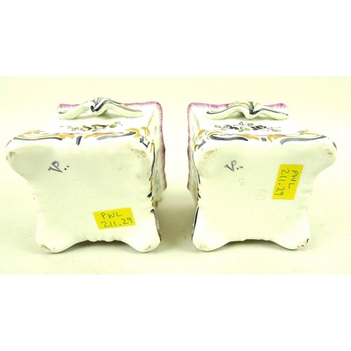 562 - A pair of French faience Veuve Perrin porcelain candle holders, late 18th century, of cubic form wit... 