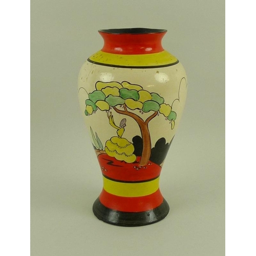 566 - A Clarice Cliff Bizarre Idyll pattern baluster vase, decorated in predominantly red, yellow cream an... 