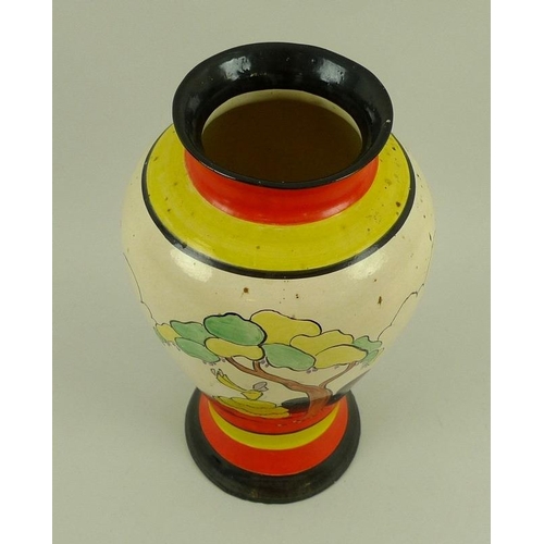 566 - A Clarice Cliff Bizarre Idyll pattern baluster vase, decorated in predominantly red, yellow cream an... 