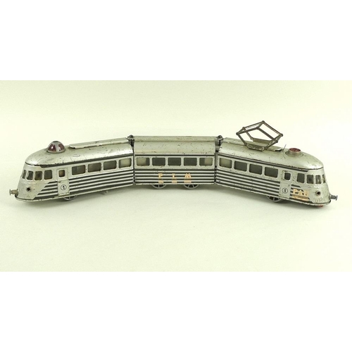 696 - A Joustra, Made in France, O gauge, tin plate three section 'Autorail' streamlined train, 2-4-2, cir... 