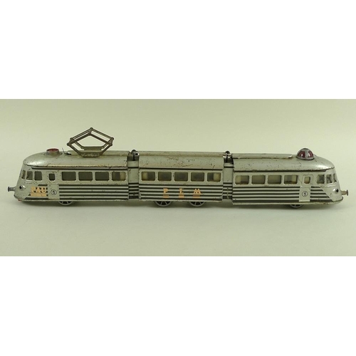 696 - A Joustra, Made in France, O gauge, tin plate three section 'Autorail' streamlined train, 2-4-2, cir... 