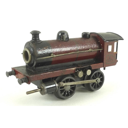 699 - A Marklin O gauge tin plate 0-4-0 tank loco, early 20th century, electric 3-rail, maroon with black ... 